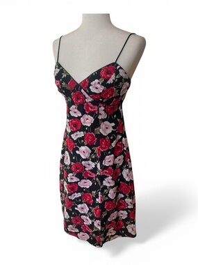 Floral Slip Dress with Spaghetti Straps - Black with Red & Pink Roses